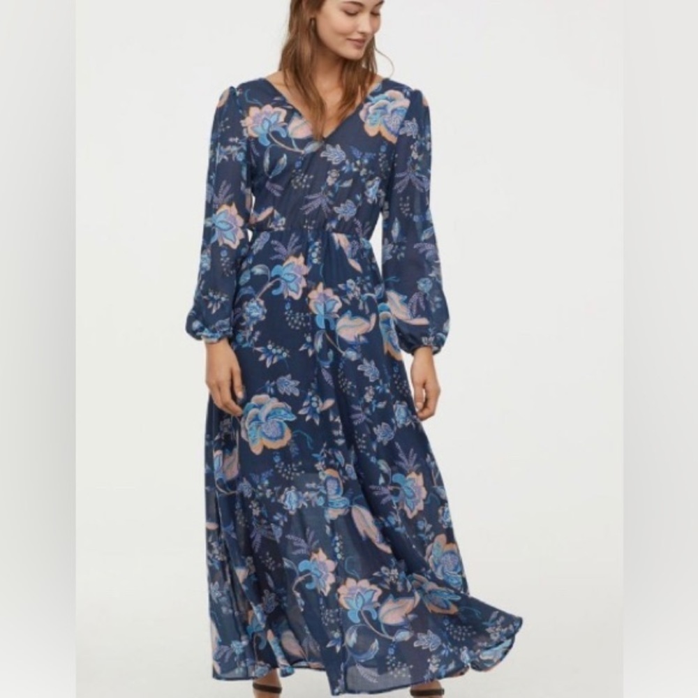 H&M Navy Blue Floral V-Neck V-Back Puff Long Sleeve Boho Dress - Size 2 NEW TAGS